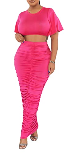 Image of YUEWOO 2 Piece Outfits for Women Sexy Crop Top Ruched Bodycon Maxi Dresses Fringe Skirt Sets Night Club Jumpsuits
