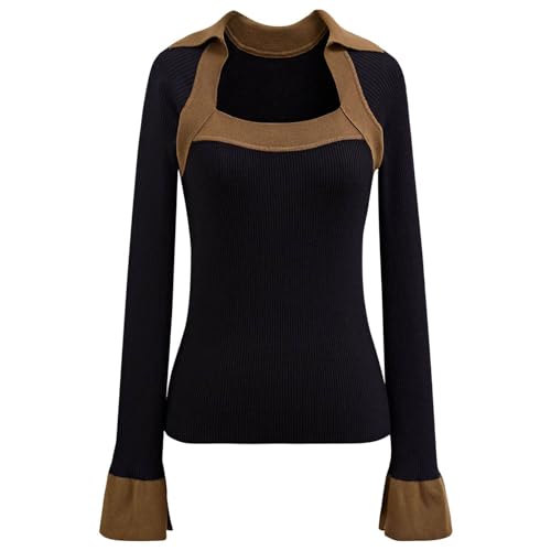 Image of CHICWISH Women's Long Sleeve Fall Fashion Black /Cream Square Neck Knit Top Split Bell Cuffs Pullover Casual Sweater