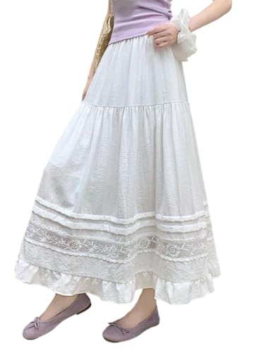 Women Lace Spliced Midi Cake Skirts Summer Loose Preppy Style Big Swing Umbrella Skirt3