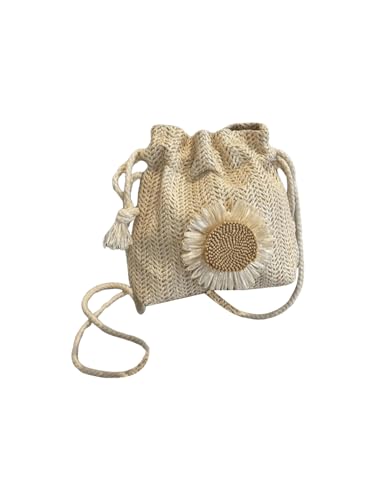 OYOANGLE Women's Straw Crossbody Bag Flower Decor Drawstring Bucket Handbag Vacation Mini Purse