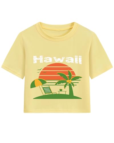 Image of DDSOL Girls Crop Tops Summer Palm Tree Sunset Beach Shirt Hawaii Short Sleeve Tropical Tshirts for Teen Girl 6-14 Years
