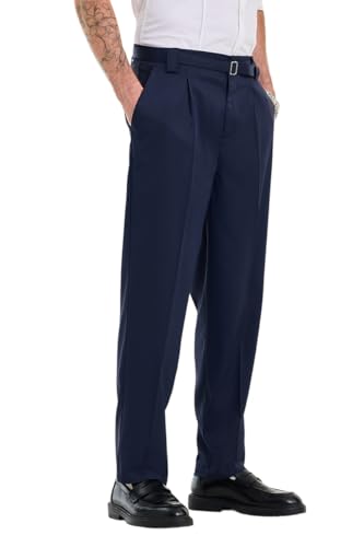Image of SNITCH Men Trousers Formal Wear | Relaxed Fit Straight Leg Pleated Front & Turned-up Hem Design | Polyester Blend Medium-Stretch Fabric for Office Meetings & Daily Professional Use