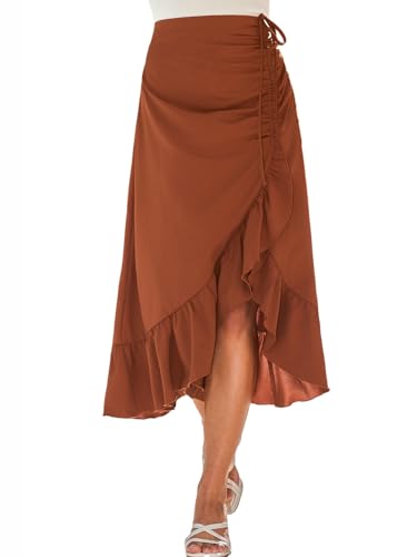 CUPSHE Damen Langer Rock Wickelrock High Waist Sommerrock Asymmetrisch mit Rüschen und Schlitz Seitliche Raffung Kordelzug Elegant Maxirock Strandrock Rot M