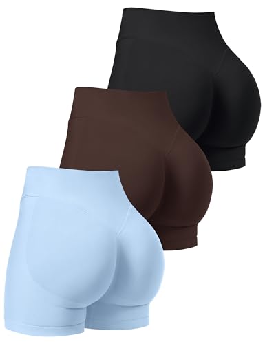 OLCHEE Womens Workout Shorts Seamless Scrunch Butt Lifting 3 Pack Yoga Gym Athletic High Waisted Tummy Control Booty 4.1 Inseam - Black Brown Light Blue Small