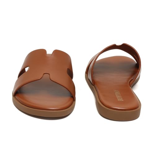 Image of Womens Flat Sandals Dressy Summer Slides Comfortable Casual Open Toe Vacation Sandals Slip On Slides Leather Sandals for Women