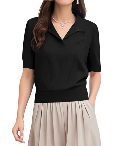 Urban CoCo Women's Short Sleeve V-Neck Collared Sweater 2025 Spring Summer Ribbed Knit Tops for Business Casual3