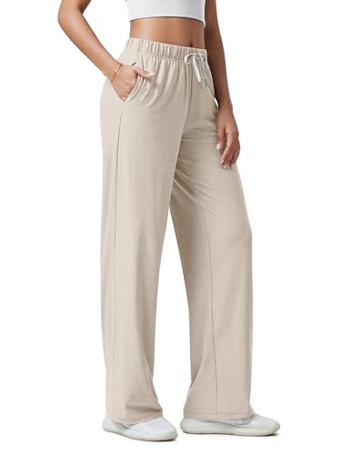 ODODOS Women's Straight Leg Pants Ultra Soft odSTRATUM Tech Relaxed Casual Pajama Lounge Pants with Pockets-29 Inseam, Ecru Heather, Medium