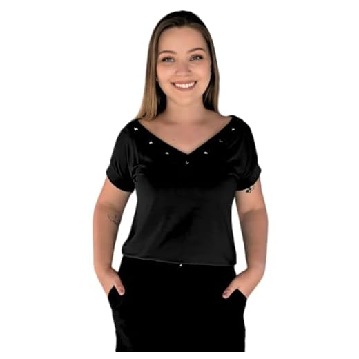 Blusa Feminina Blusinha Manga Curta Decote V T-shirt Verão (BR, Alfa, GG, Regular, Preto)