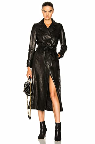 Womens Pure Soft Lambskin Leather Long Trench Coat