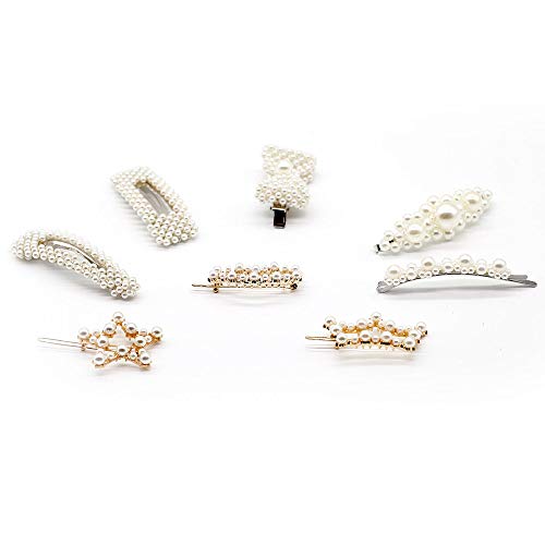 Pearl Hair Clips 8Pcs Non-Slip Artificial Pearl Barrettes Bobby Pins Snap Clips Bling Hairpins Decorative Hairgrip Accessories for Women, Ladies, Girls, Kids (White and gold)