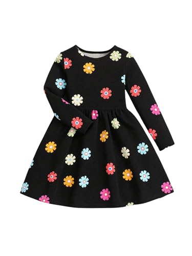 WDIRARA Toddler Girl's Floral Print Long Sleeve A Line Dress Crew Neck Casual Short Dresses