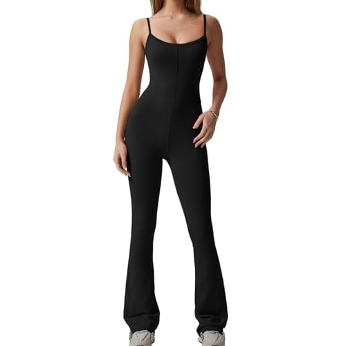 ATALRPOU Black Sexy Workout Jumpsuits for Women Going Out Flare Legging One Piece Romper Spaghetti Strap Playsuit Skinny Overall Butt Lifting Shapewear Pantalones De Invierno para Mujer