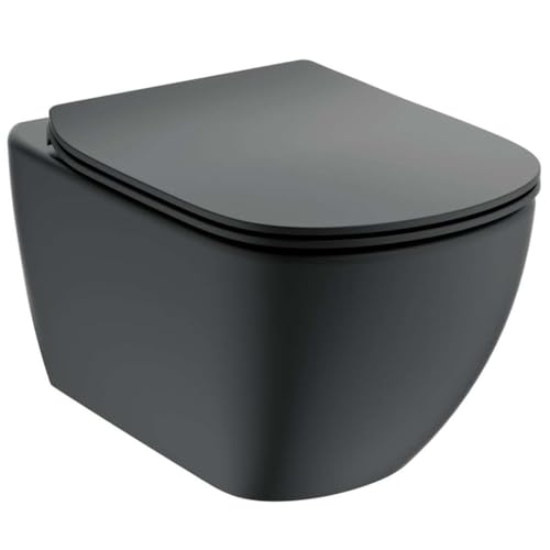 Ideal Standard - Tesi, Inodoro suspendido Aquablade con fijaciones ocultas, tapa de inodoro delgada con cierre lento, Negro seda
