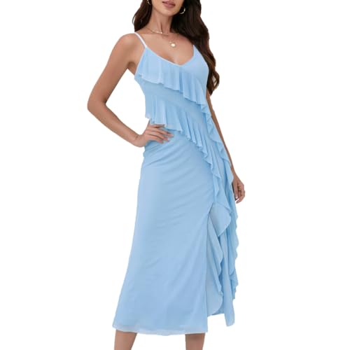 Image of Women's Spaghetti Strap Ruffle Side Split Long Dress Bodycon Beach Maxi Dresses
