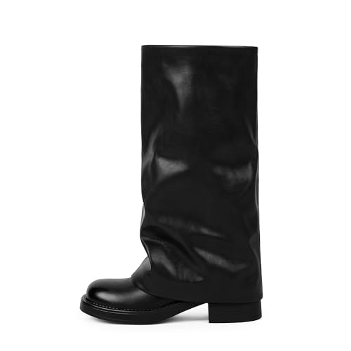 Modatope Knee High Boots Women Fold Over Knee High Boots Chunky High Heels Long Boots Zipper Pointed Toe Dress Tall Boots for Women
