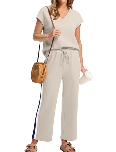 Image of Saloogoe Two Piece Sets for Women Summer Outfits Lounge Sets V Neck Tops Wide Leg Pants Woman Vacation Travel Outfits