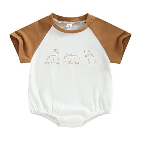 Newborn Baby Boy Summer Short Sleeve Round Neck RomperDinosaur Printed One Piece Contrast Color Bodysuit Jumpsuit, White, 6-12 months Cover