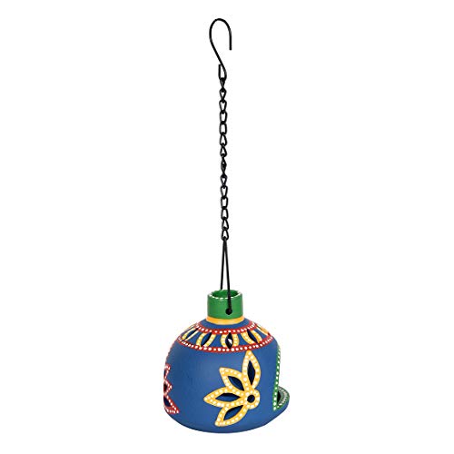Image of Terracotta Handpainted Blue Matki Hanging Tea Light
