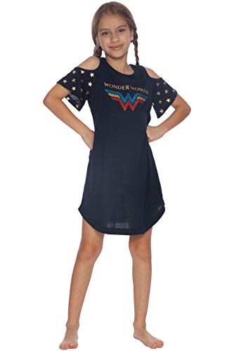 DC Comics Girls' Little Wonder Woman Cold Shoulder Glitter Nightgown, Navy, 6/6X