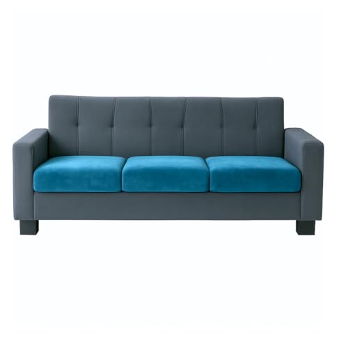 Image of Furny Homeway 3 Seater Fabric Sofa Set (Teal Blue-Dark Grey) | Soft Velvet Fabric | Modern Design | Comfortable Seating | Living Room Furniture