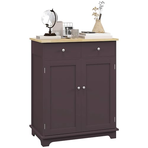 Image of HOMCOM Sideboard with Solid Wood Countertop, Modern Kitchen Storage Cabinet, Coffee Bar Cabinet with 2 Drawers, Doors and Adjustable Shelf, Coffee