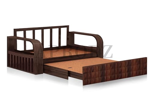 Image of APRODZ Solid Sheesham Wood Sofa Cum Bed 3 Seater Velevt Fabric with Cushions Perfect Sofa Furniture for Home Living Office Room and Guests (Walnut Finish 75x69x30-Inch)
