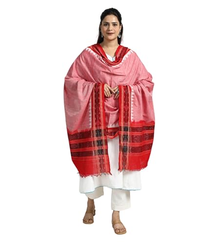 Image of Cotton Dupatta with weaving and Ikat woven border from the Weavers Stole for Girls & Women
