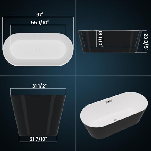 67-Inch Acrylic Freestanding Soaking Tub, Deep Standalone Bathtub with Integrated Overflow & Drain, Non-Slip Bottom & Self-Leveling Feet for Modern/Spa Bathroom (Black/White)