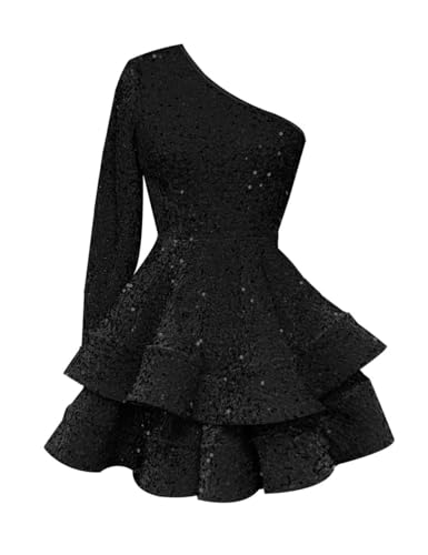 HUUTOE Long Sleeve Sequin Homecoming Dresses for Teens Sparkly One Shoulder Short Prom Dress Layered Cocktail Party Gown