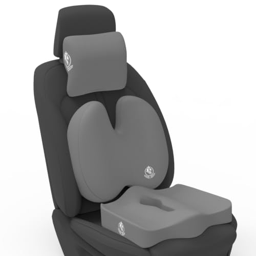 Image of MRRON Memory Foam Posture Corrector Car Seat Cushions Combo | Orthopedic Backrest, Coccyx Cushion & Neckrest | Ergonomic Lumbar Comfort Seat Cushion | Reduces Sciatica, (Grey, Backpro)