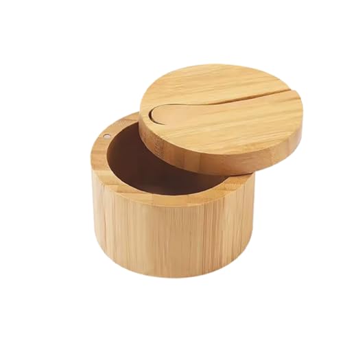GSHLLO Bamboo Salt Cellar with Spoon Spice Storage Box Round Table Salt Container Bath Sea Salt Holder Kitchen Pepper Bowl Seasoning Herb Jars with Swivel Lid for All Kinds of Spices
