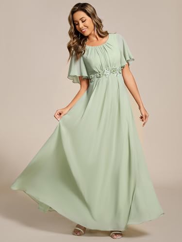 Image of Ever-Pretty Women's Classic Round Neck Pleated Short Sleeves Chiffon Appliques Floor Length A Line Formal Evening Dresses
