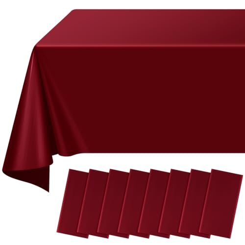 Image of 8 Pack Maroon Plastic Tablecloth for Rectangle Tables, Premium Decorative Burgundy Disposable Table Cloths for Parties, Rectangle Party Table Cover for Birthday Anniversary Graduation, 54x108 Inch