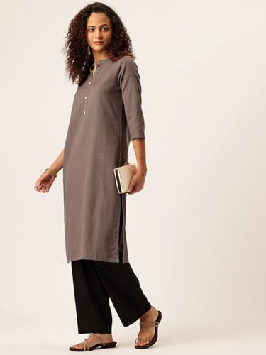 Image of feranoid Women's Plain Cotton Kurta with Mandarin Collar, 3 /4 Sleeves & Pocket