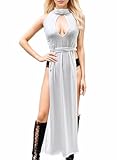 LINNSUJH Gothic Rave Outfits White Long Dress with Sidle Slit High Double Split Slit Maxi Dresses Y2K Goth Cut Out Dress for Women Club Night Party Clubwear Clothes