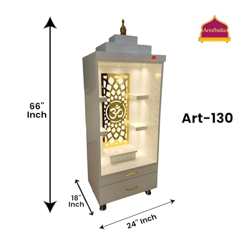 Image of Wooden Mandir, Designer Mandir for Home, Office, Golden Jali, White Colour, 18 mm Board (White)