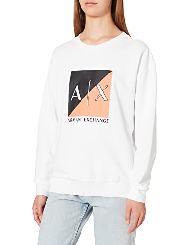 Armani Exchange Damski okrągły dekolt, Dropped Shoulder, Makcro Bicolor Print and Embroidered Logo, Bottom in Nylon. Bluza, biały, m