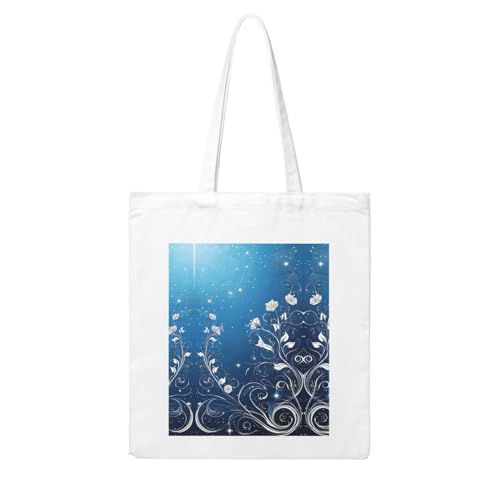 Blue Mini Flower Swirl Print Canvas Shopping Bag Reusable Eco-Friendly Handbag With Large Capacity For Everyday Use