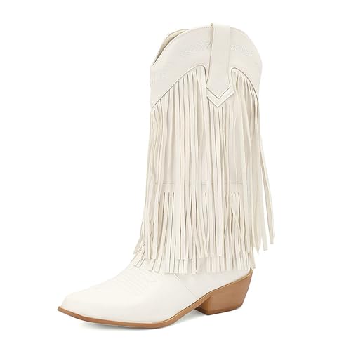 Women'S Leather Low Block Heel Tassel Western Cowboy Boots Classic Pointed Toe Embroidery Tassel Pull On Chunky Heels Mid Calf Boots For Parties Prom