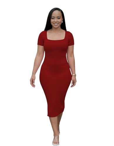 Image of TOPSRANI Women Sexy Midi Dress Bodycon Casual Sleeveless Basic Ruched Tank Summer Club Party Dresses