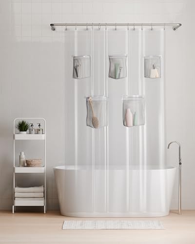 Rubbermaid Clear Waterproof Shower Curtain Liner with 5 Storage Pockets Heavyweight 8g PEVA Shower Liner for Bathroom with Gray Rustproof Grommets and Pockets 70x72 Standard Size Clear