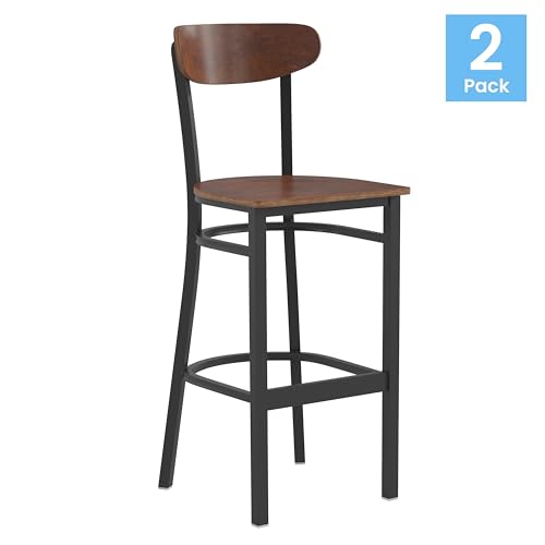 Image of Flash Furniture Wright 2 Pack Commercial Barstools - Walnut Finish Wood Seat and Boomerang Back - 500 LB. Capacity Black Steel Frame - Integrated Footrest