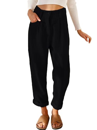 Pantalones de pana para mujer casuales de cintura alta cónicos de algodón de pierna recta de color sólido pantalones de ocio con bolsillos, Negro , L