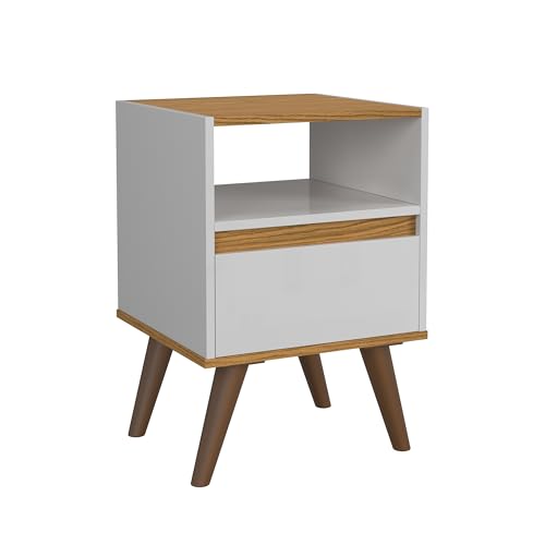 Mesa De Cabeceira Paara Quarto Cama Com Gaveta Pés Retro (Branco/Freijó)