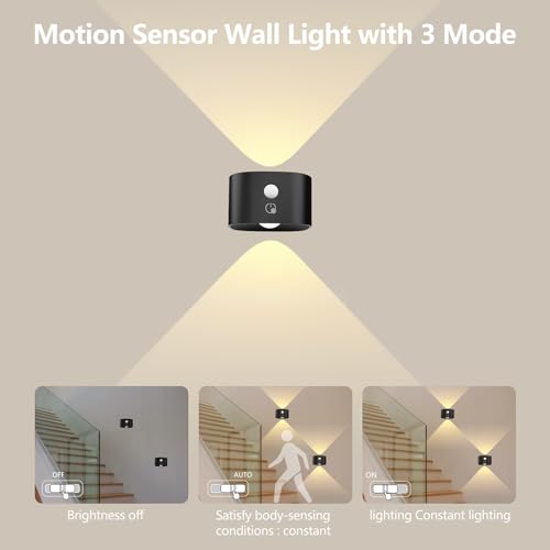 Image of UP&Down Light Source Wall Sconces with Motion Sensor, Cordless LED Wall Night Lights 360Rotate & Rechargeable Battery Operated, 3 Brightness, Indoor Motion Detection Wall Lamps for Pictures Corridor