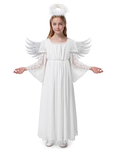 Spooktacular Creations Halloween Child Girl Halo Angel Dress Costume, Angel White Gown with Wing for Kids Halloween Role Play Themed Parties