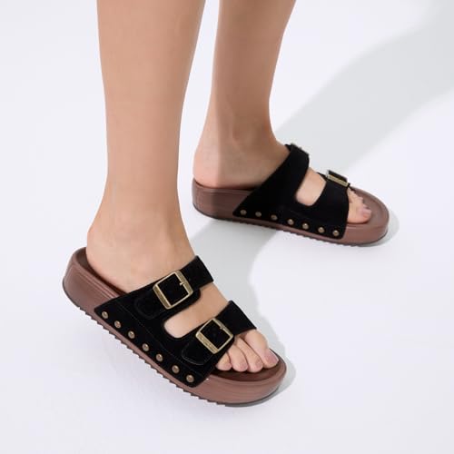 Image of UBFEN Womens Platform Slide Sandals | Real Leather,Buckle Sandals with Cushioned Flatform Footbed,Comfortable for Walking,Arch Support,Casual Styling
