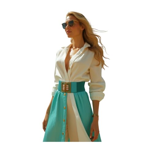 Generic Women Teal Jade Blue Fashion Belt - Hip Waist Wide Elastic Band Metal Bling Square Buckle S M z1024