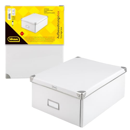 Idena 10519 - Aufbewahrungsbox aus festem Karton, Deckel mit verstärkten Kanten aus Metall, Allzweck-Box in Weiß inklusive Beschriftungsfeld, für Ordnung im Haushalt, Büro und Arbeitszimme