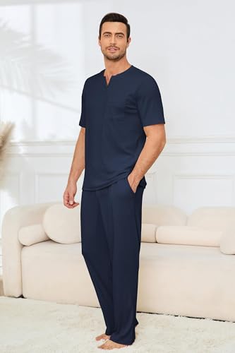Image of JiniGolla Mens Pajamas Set Soft Short Sleeve Top and Pant Loungewear Sets 2 Piece Pjs with Pockets